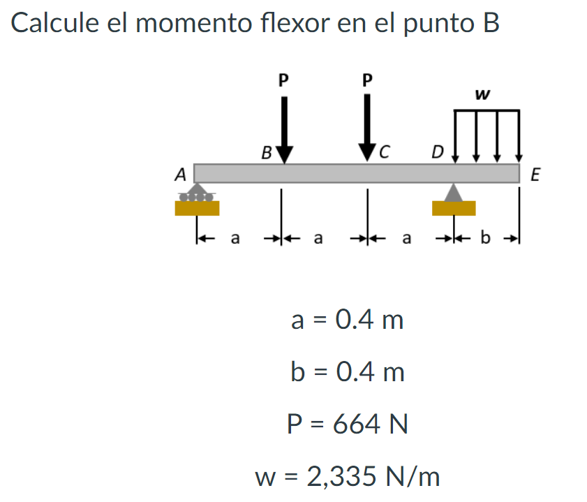 Calcule el momento flexor en el punto B \[ \begin{array}{c} a=0.4 \mathrm{~m} \\ b=0.4 \mathrm{~m} \\ P=664 \mathrm{~N} \\ w=