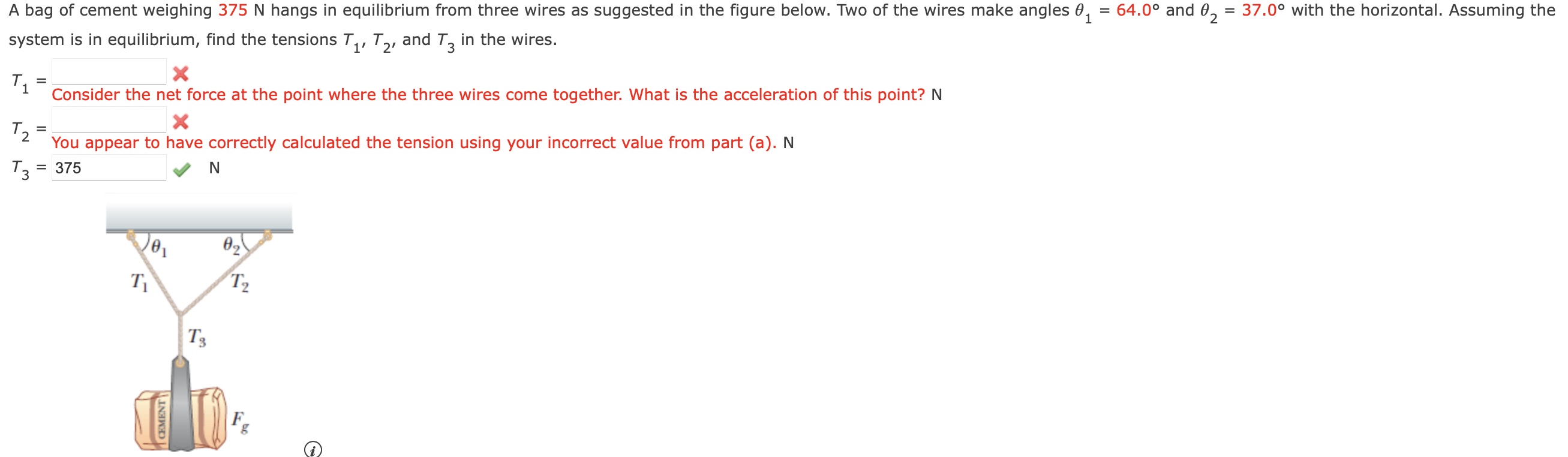 Solved A bag of cement weighing 375 N hangs in equilibrium | Chegg.com