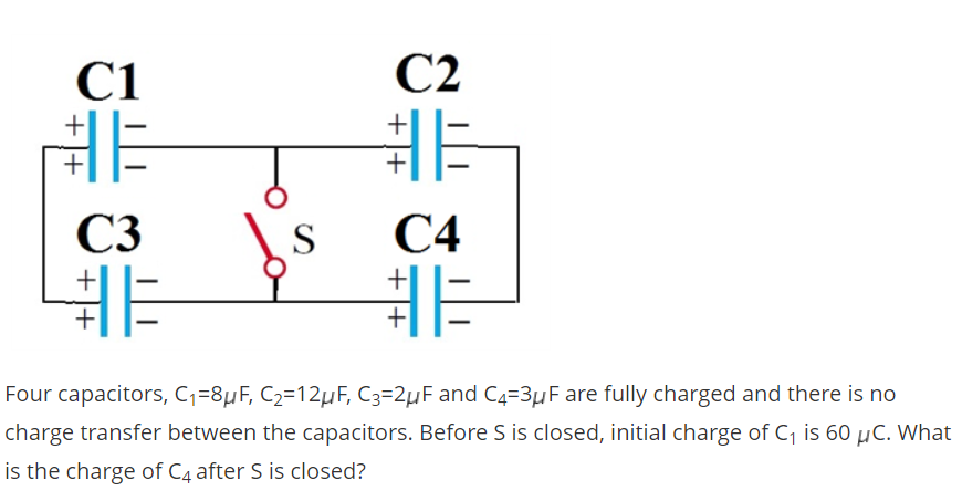 Solved Four capacitors, C.-44F, C3=8uF, C3-12uF and Co-2uF