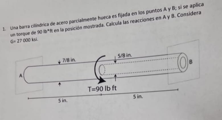 1. Una barra cilindrica de acero parcialmente hueca es fijada en los puntos A y B; si se aplica un torque de \( 90 \mathrm{lb