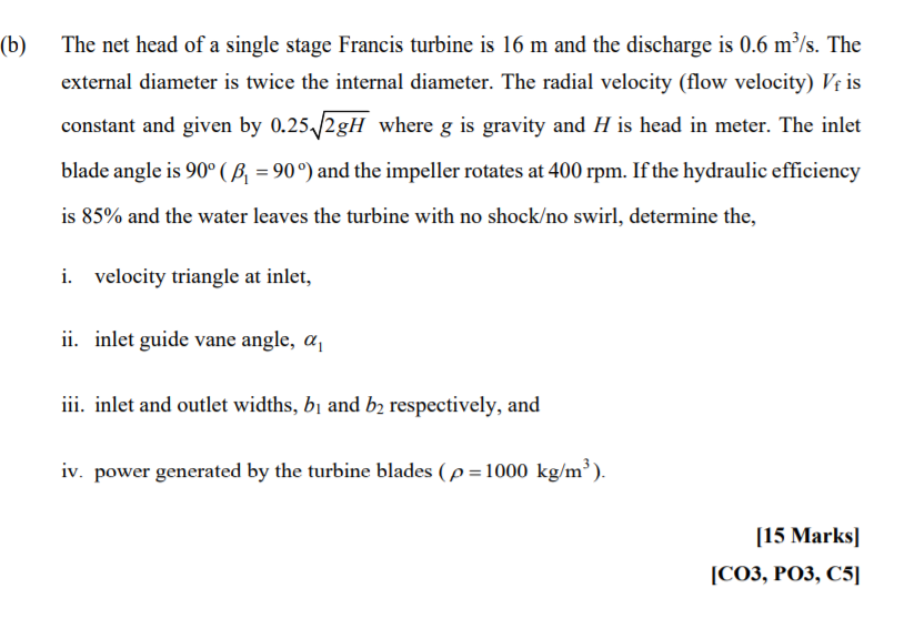 Solved B The Net Head Of A Single Stage Francis Turbine Chegg Com