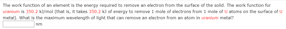 Solved The work function of an element is the energy | Chegg.com