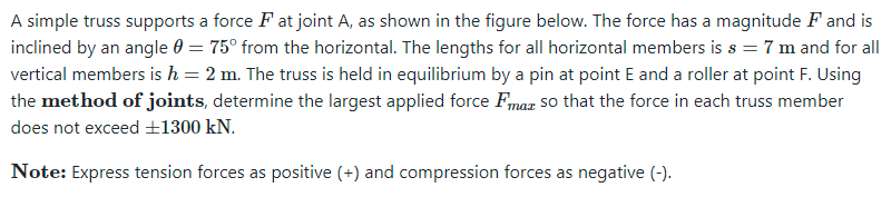 A simple truss supports a force \( F \) at joint \( \mathrm{A} \), as shown in the figure below. The force has a magnitude \(