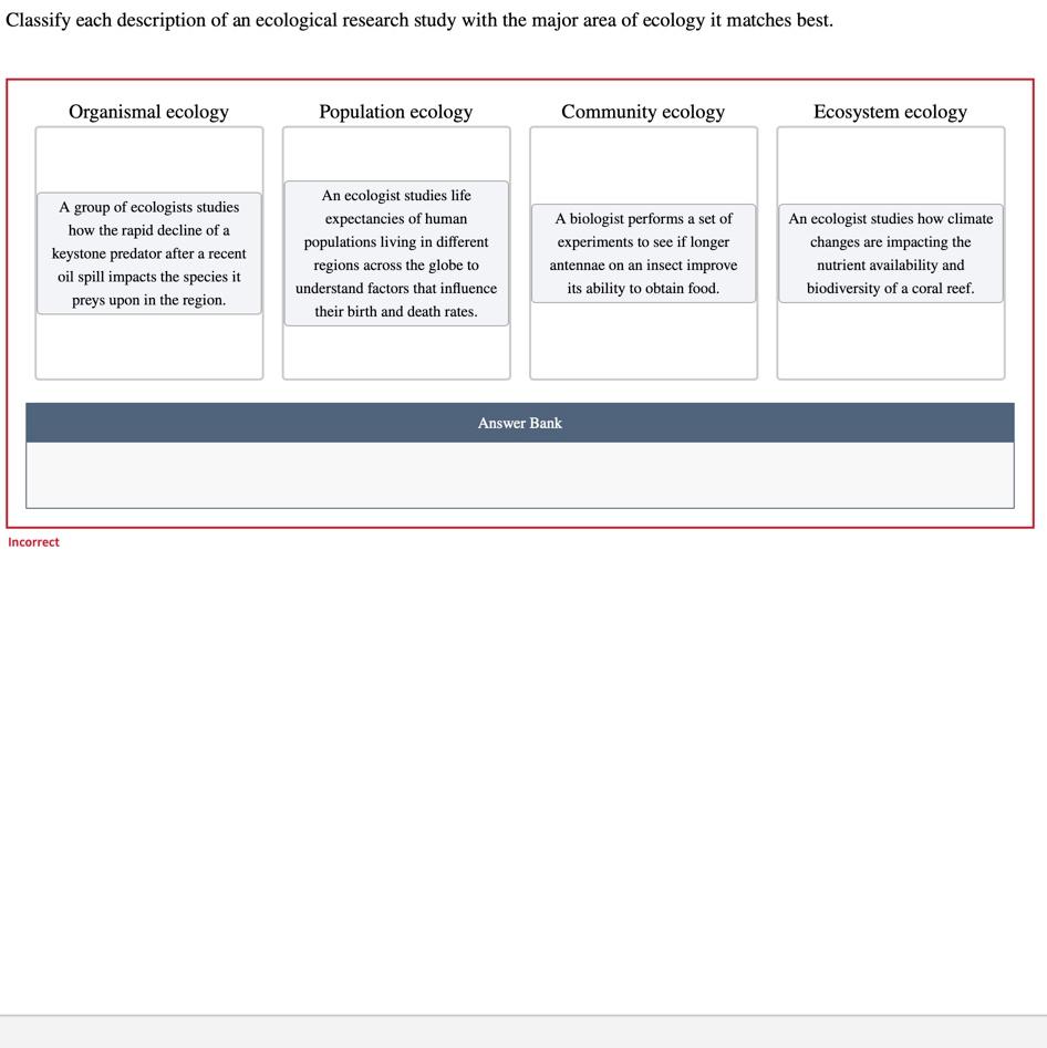 Classify each description of an ecological research | Chegg.com