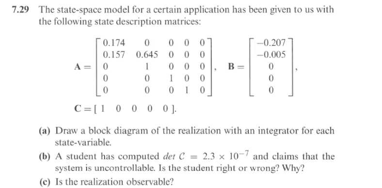 Solved 7.29 ﻿The state-space model for a certain application | Chegg.com