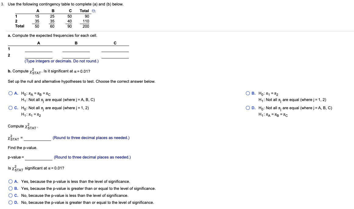 Solved 3. Use The Following Contingency Table To Complete | Chegg.com