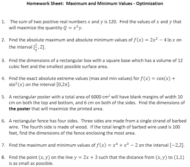 Solved Homework Sheet: Maximum and Minimum Values - | Chegg.com