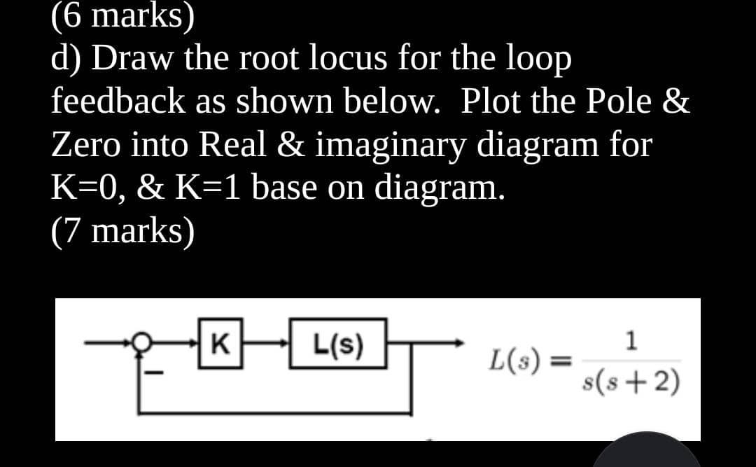 Solved d) Draw the root locus for the loop feedback as shown | Chegg.com