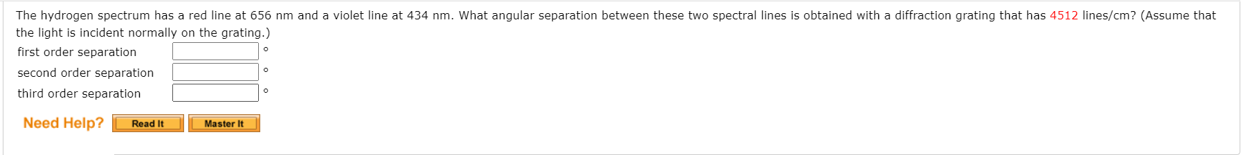 Solved The hydrogen spectrum has a red line at 656 nm and a | Chegg.com