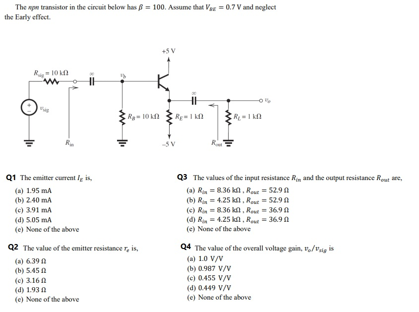 Solved The Npn Transistor In The Circuit Below Has B 10 Chegg Com