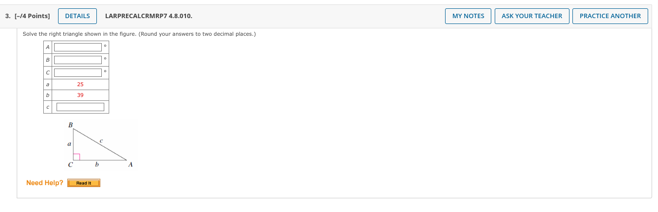 Solved Solve the right triangle shown in the figure. (Round | Chegg.com