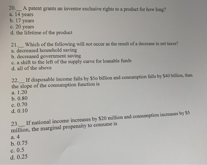 Solved 20. _A patent grants an inventor exclusive rights to