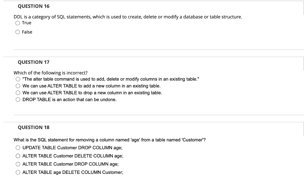 Solved QUESTION 16 DDL is a category of SQL statements, | Chegg.com