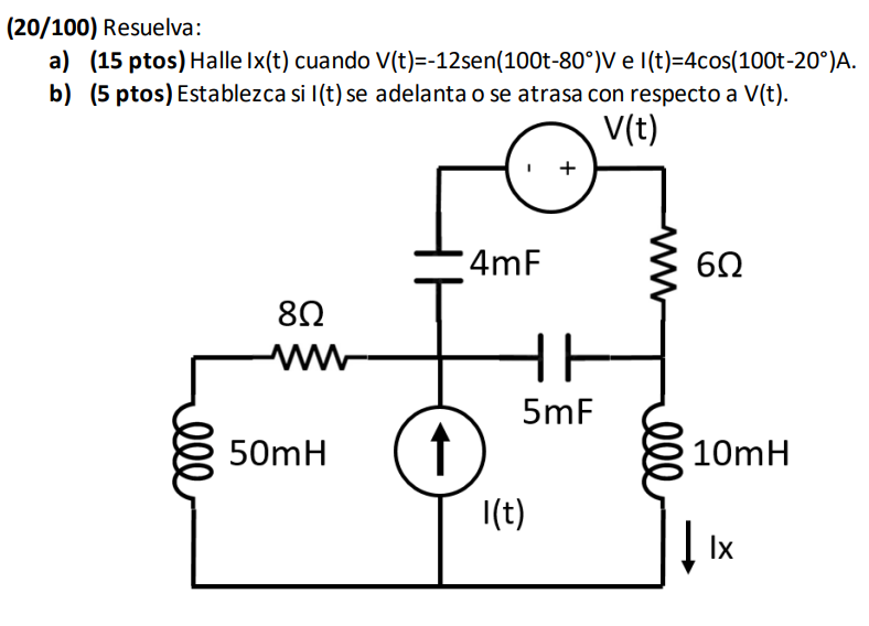 (20/100) Resuelva: a) \( \left(15\right. \) ptos) Halle \( I x(t) \) cuando \( V(t)=-12 \operatorname{sen}\left(100 t-80^{\ci