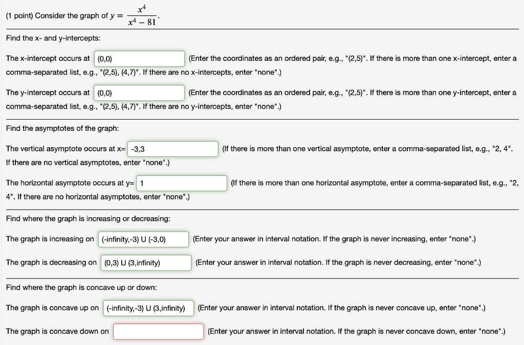 Solved (1 point) Consider the graph of y = x4 x4 81 Find
