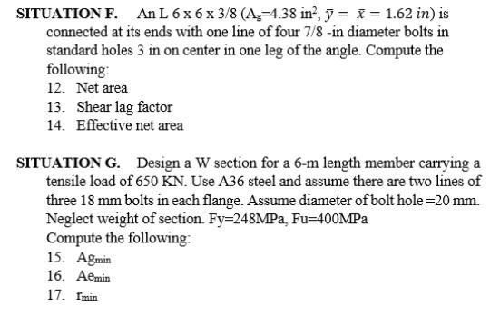 Solved SITUATION F. An L 6 x 6 x 3/8 (A,=4.38 in', y = x = | Chegg.com