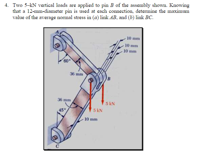 Solved 4. Two 5-kN vertical loads are applied to pinB of the | Chegg.com