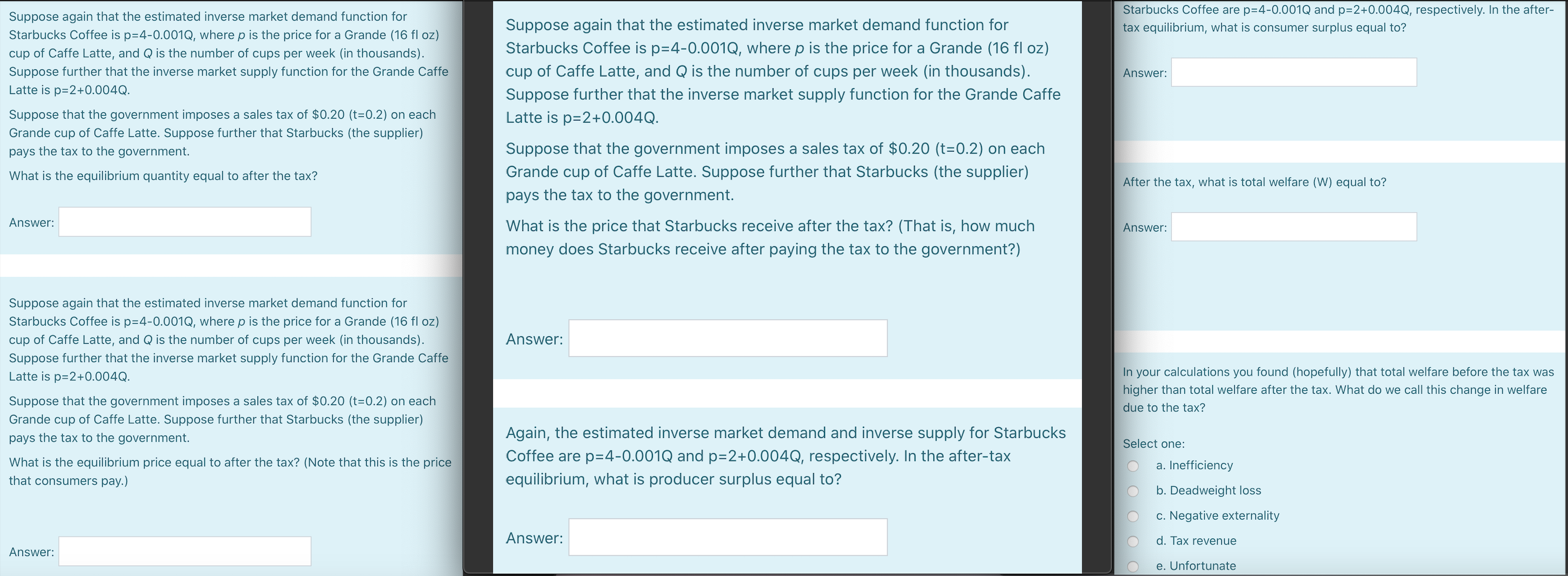 Solved Starbucks Coffee are p=4-0.001Q and p=2+0.004Q