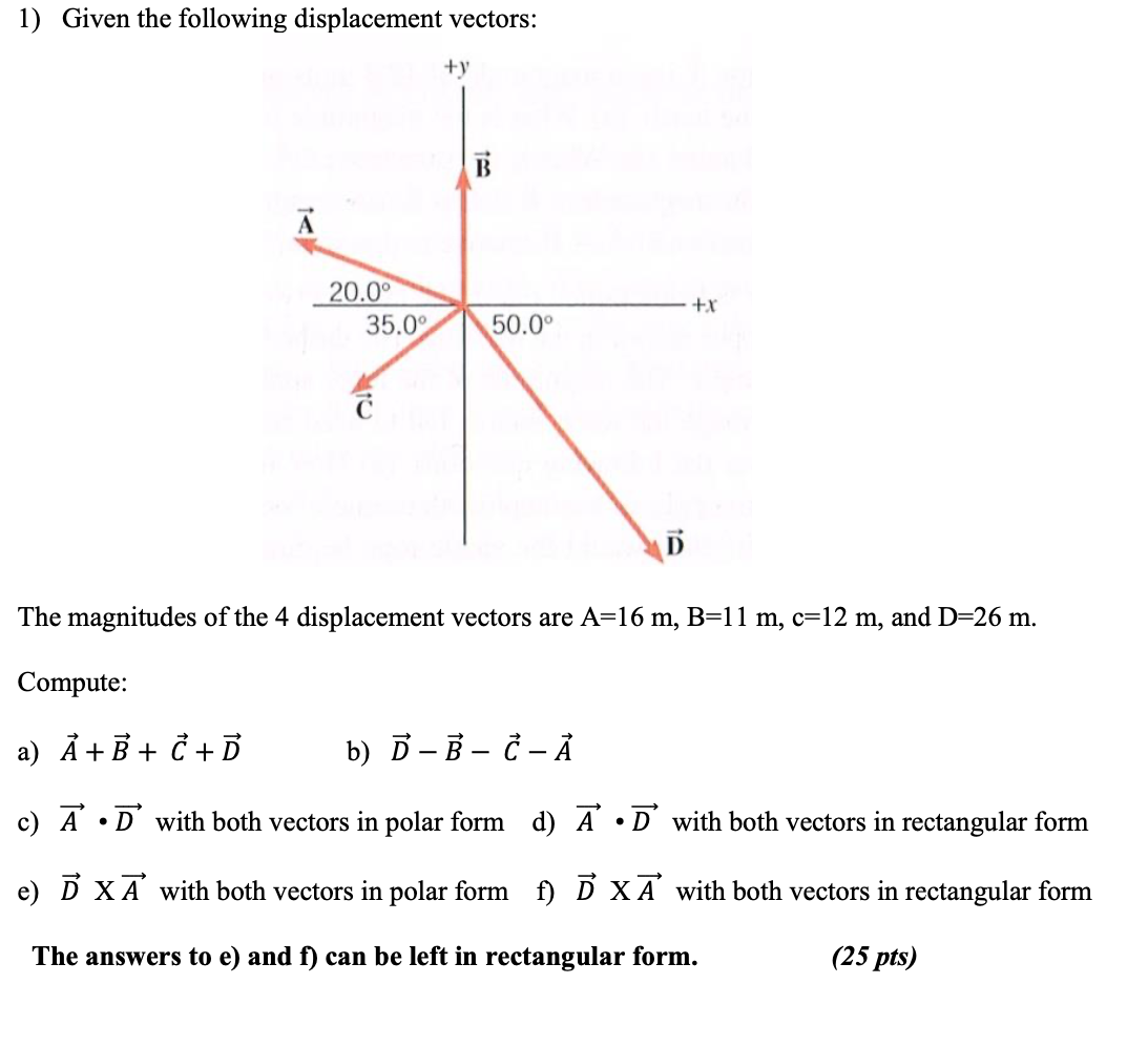 Solved 1) Given the following displacement vectors: +y B A | Chegg.com