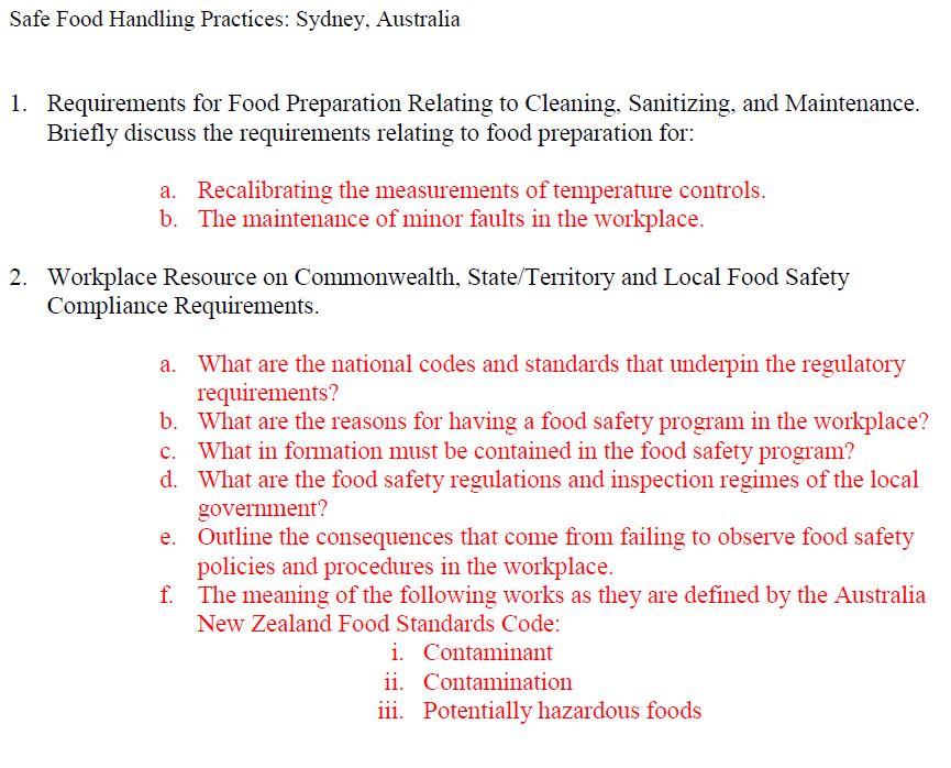 Solved Safe Food Handling Practices Sydney, Australia 1.