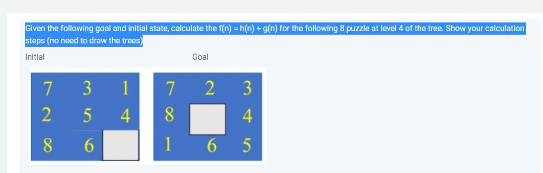 Solved Given the following goal and initial state, calculate | Chegg.com