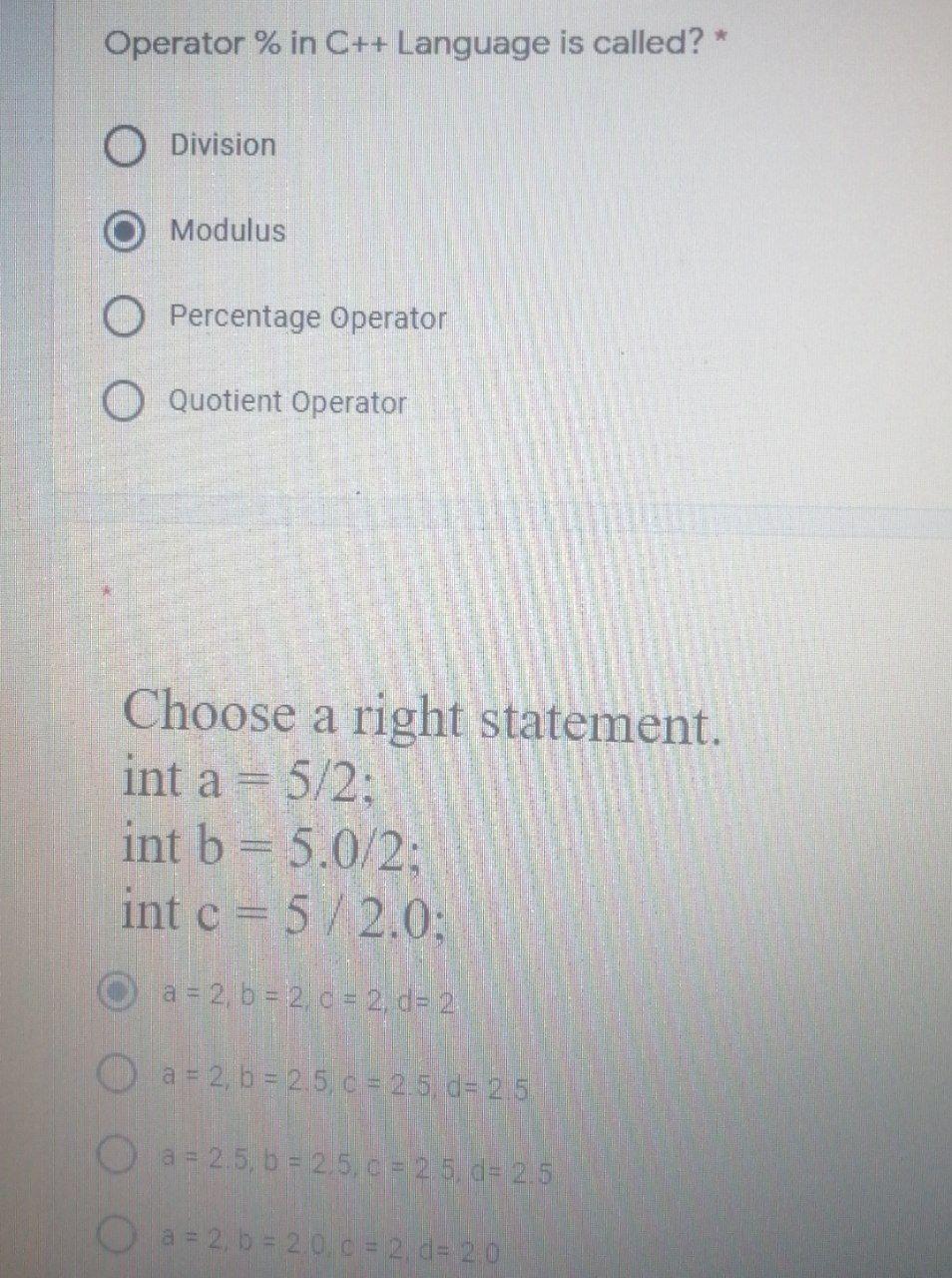 Solved Operator % in C++ Language is called? * Division | Chegg.com