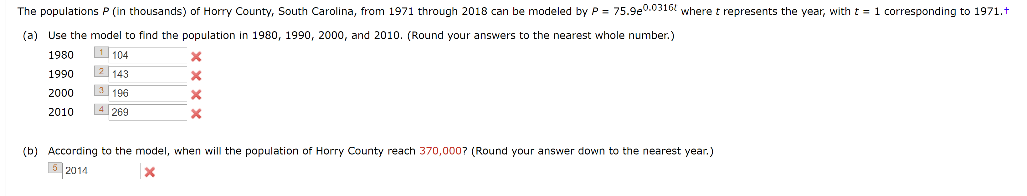 Solved The populations P (in thousands) of Horry County,