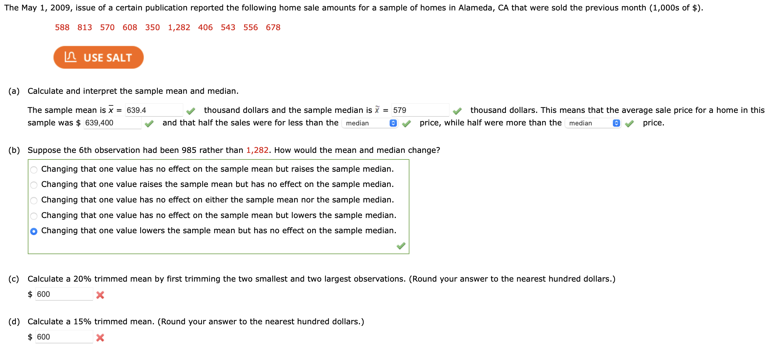 Solved (a) ﻿Calculate and interpret the sample mean and | Chegg.com