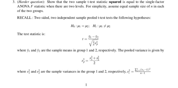 Solved 3. (Harder question): Show that the two sample t-test | Chegg.com