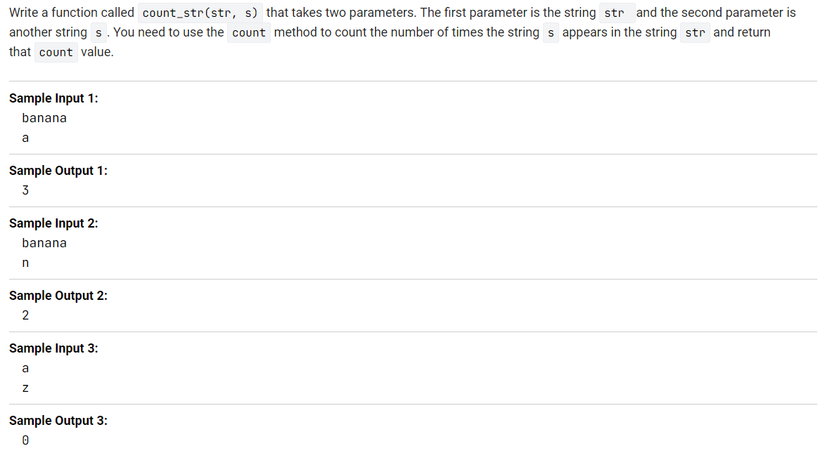 Solved Write a function called count_str(str, s) that takes | Chegg.com