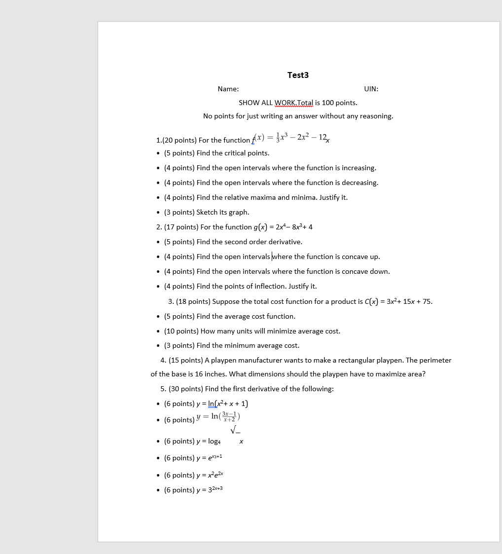 Solved Test3 Name UIN SHOW ALL WORK Total Is 100 Points Chegg