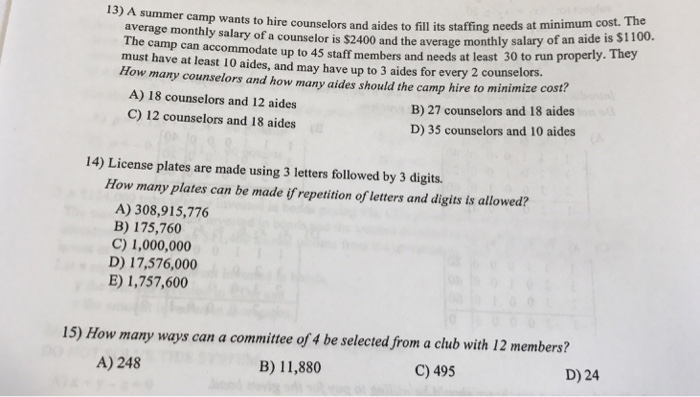 Solved A Summer Camp Wants To Hire Counselors And Aides To Chegg
