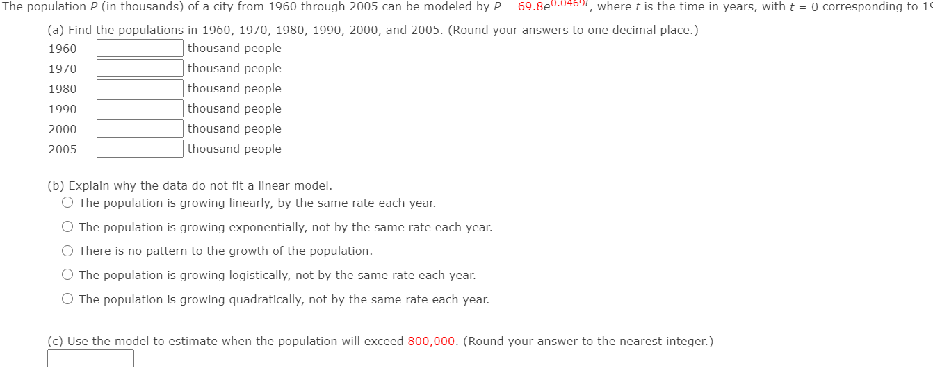 Solved The population P (in thousands of a city from 1960 | Chegg.com