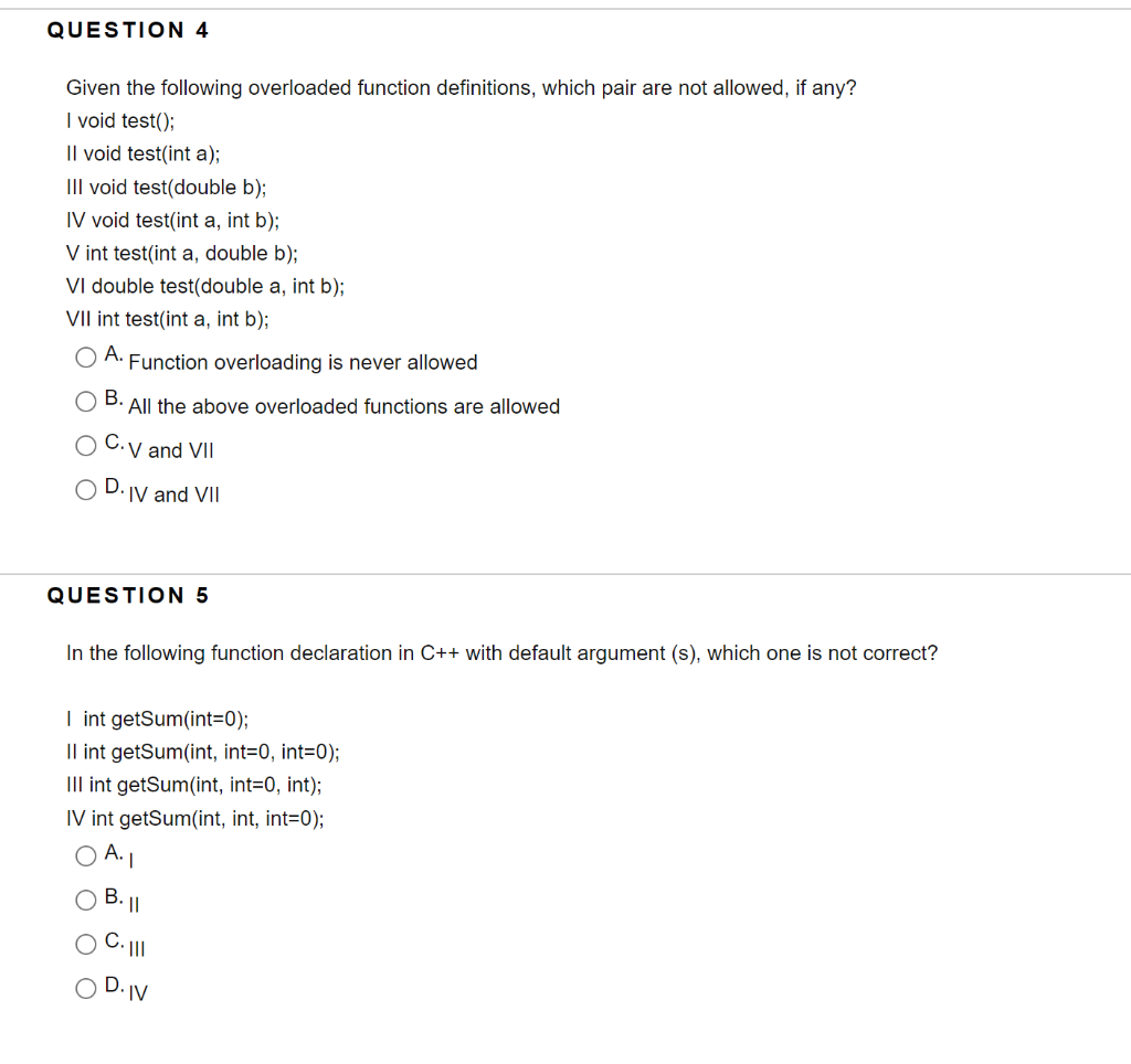 Solved QUESTION 4 Given The Following Overloaded Function | Chegg.com