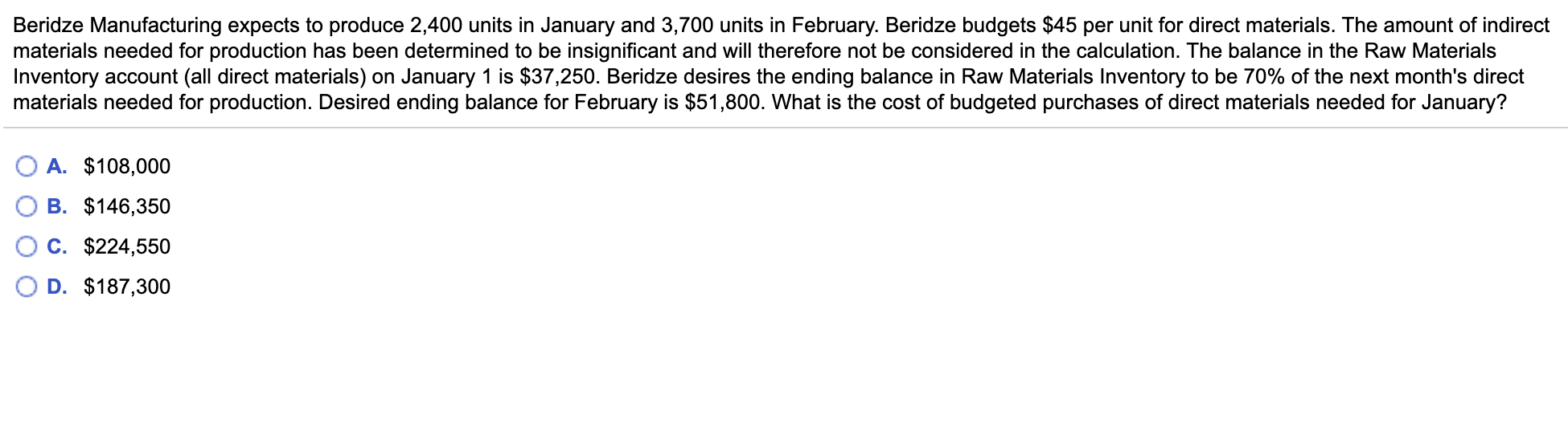 Solved Beridze Manufacturing expects to produce 2,400 units 