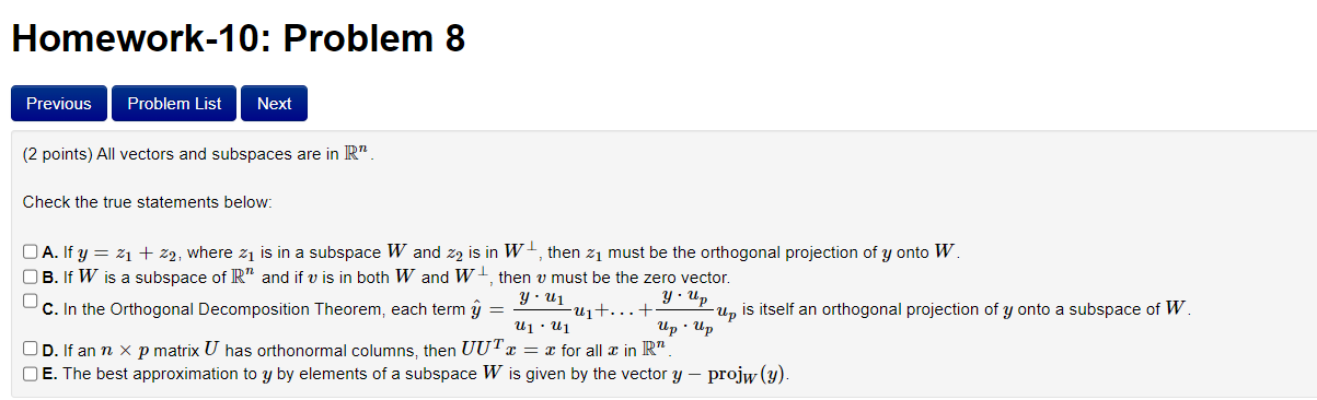 Solved (2 points) All vectors and subspaces are in Rn. Check 