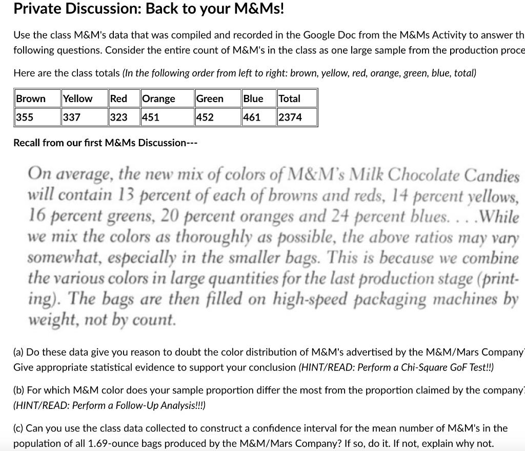 Solved Use the class M\&M's data that was compiled and | Chegg.com