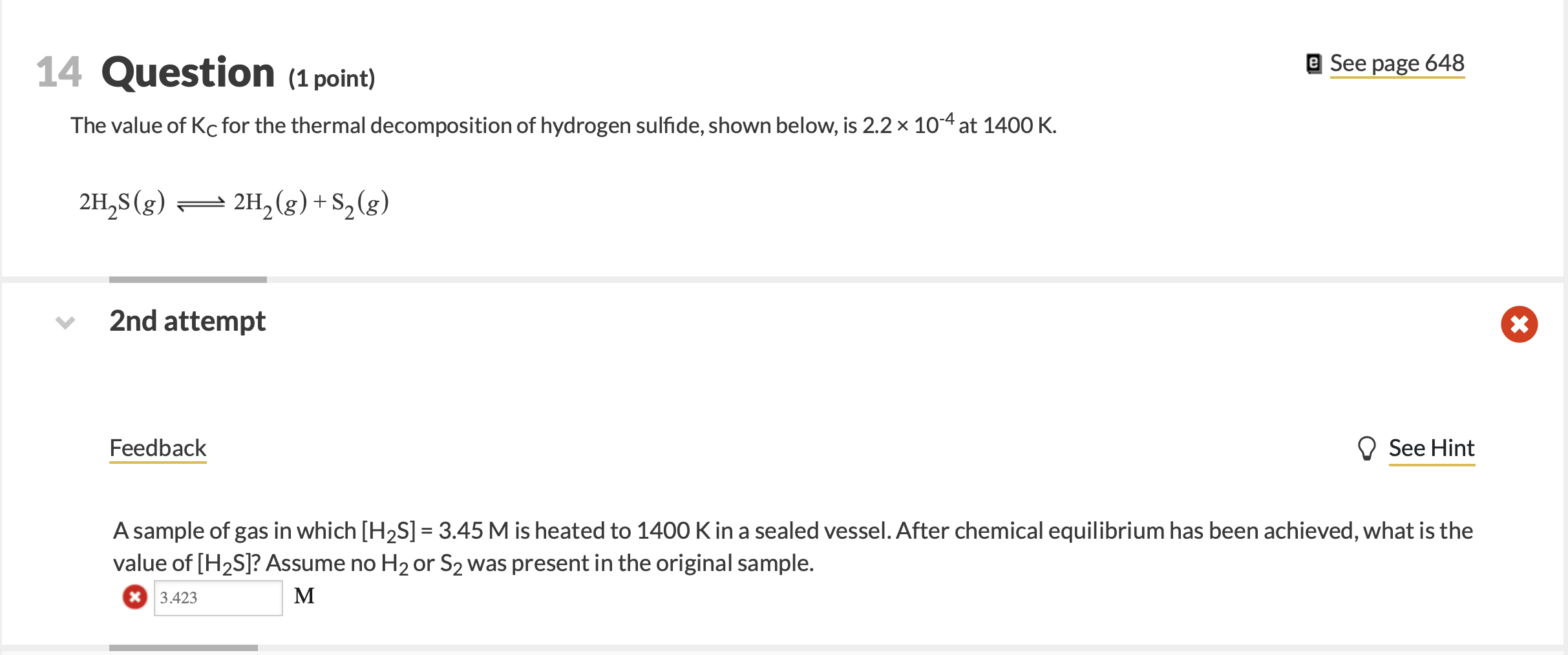 Solved e See page 648 14 Question (1 point) The value of Kc | Chegg.com