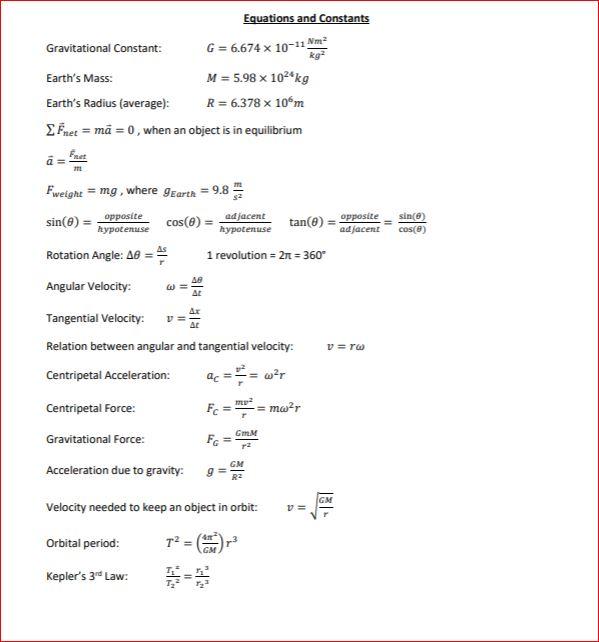 Solved G = 6.674x 10-11 Nm2 Equations and Constants | Chegg.com