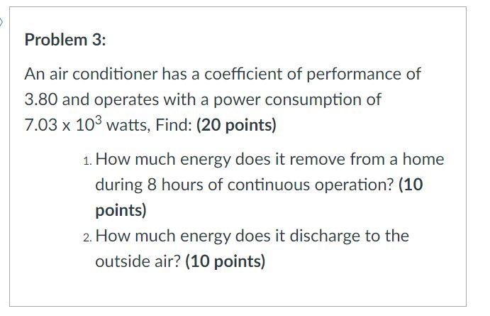 Solved Problem 3: An air conditioner has a coefficient of | Chegg.com