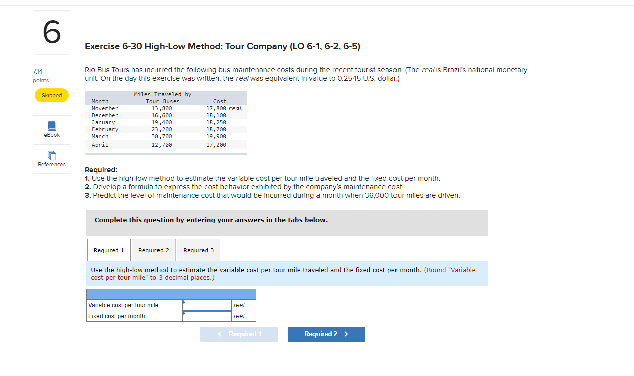 Solved Exercise 6-30 High-Low Method; Tour Company (LO 6-1, | Chegg.com