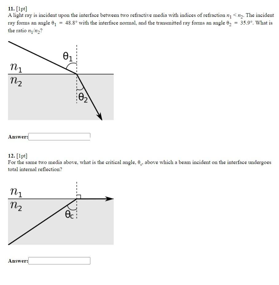 Solved 11. [1pt] A light ray is incident upon the interface | Chegg.com