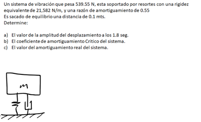 Un sistema de vibración que pesa \( 539.55 \mathrm{~N} \), esta soportado por resortes con una rigidez equivalente de \( 21,5