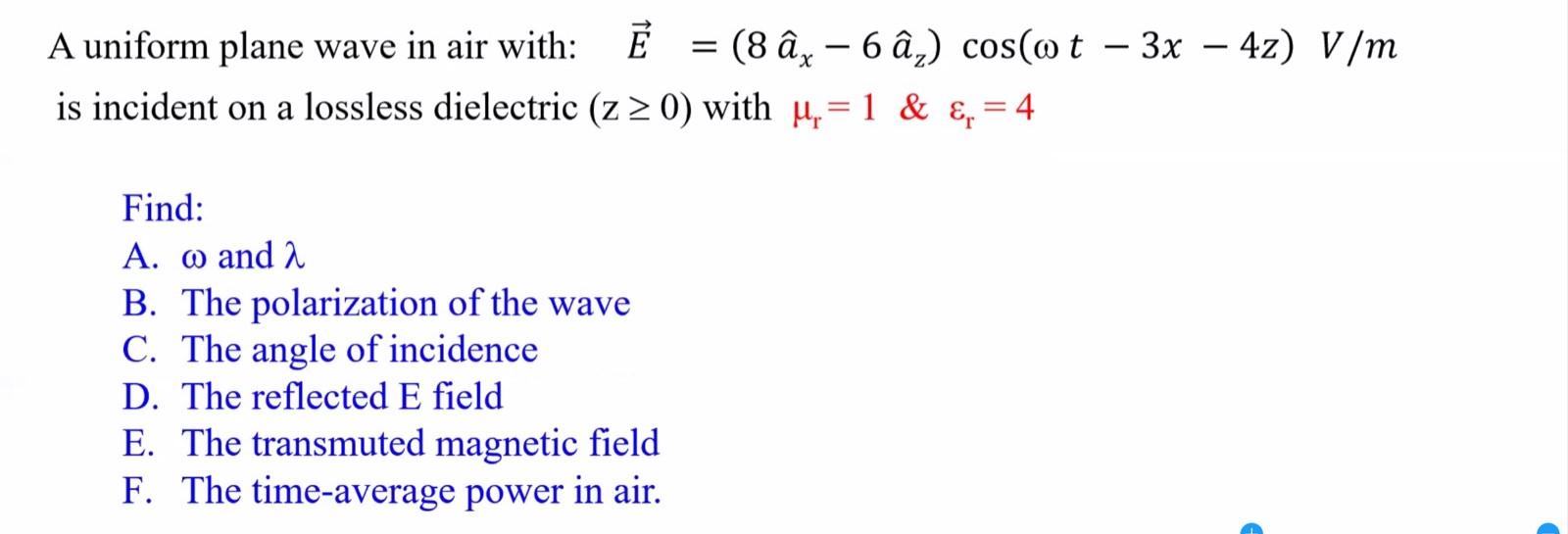 Solved A Uniform Plane Wave In Air With E 8 Ax 6 A Chegg Com