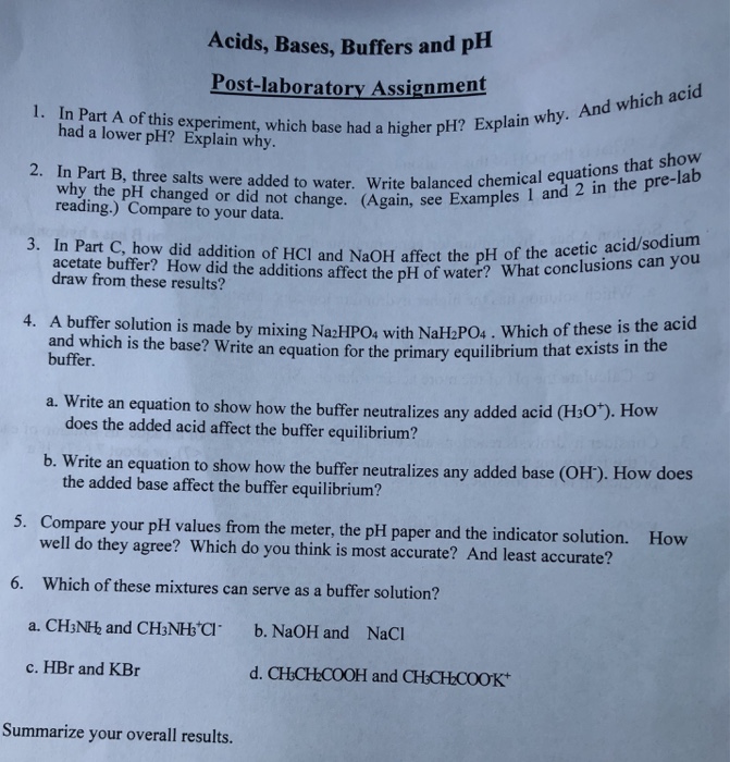 Solved Acids, Bases, Buffers and p Postlaboratory