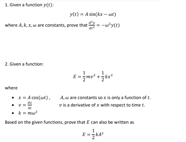 Solved 1 Given A Function Y T Y T A Sin Kx Wt Day