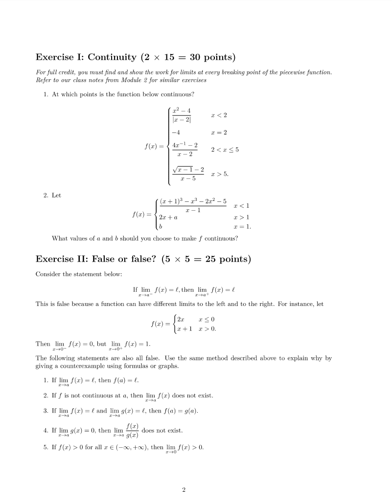 Solved Exercise I: Continuity (2×15=30 points ) For full | Chegg.com