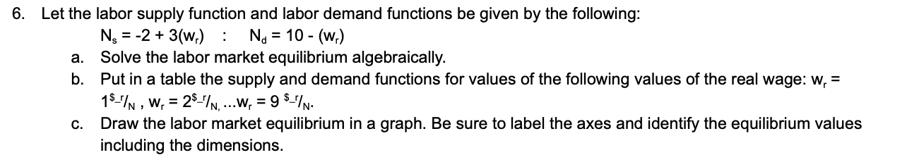 Solved a. 6. Let the labor supply function and labor demand | Chegg.com