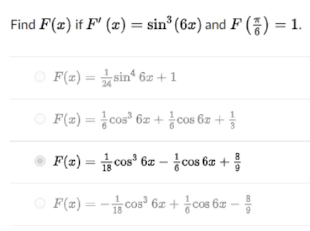 Find \( F(x) \) if \( F^{\prime}(x)=\sin ^{3}(6 x) \) and \( F\left(\frac{\pi}{6}\right)=1 \). \[ \begin{array}{l} F(x)=\frac