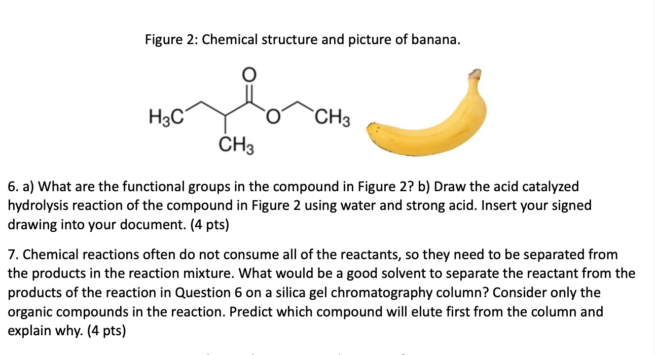 Figure 2: Chemical structure and picture of banana.
6. a) What are the functional groups in the compound in Figure 2? b) Draw